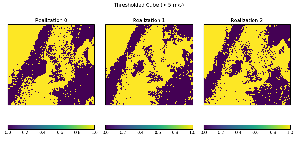 Thresholded Cube (> 5 m/s), Realization 0, Realization 1, Realization 2
